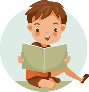 Çocuk yerde oturmuş kitap okuyor.