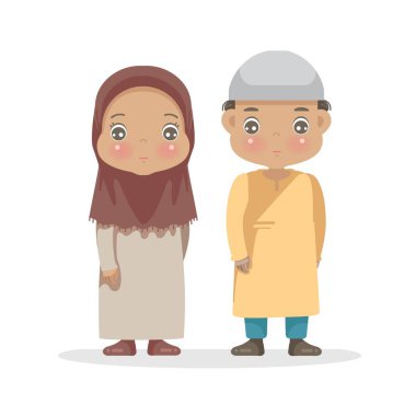 Müslüman çocuklar işte. Küçük bir oğlan ve üç ila beş yaşlarındaki küçük bir kız. Erkek ve kadının tüm vücut anaokulu çizgi film karakteri. 