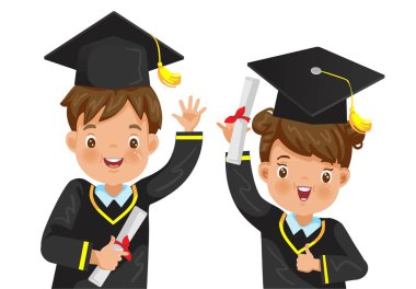 Mezun olan oğlan ve küçük kız. Arkadaşlık mutlu. Mezuniyet çocukları çok başarılıdır. Havan topu takarak mezun olmuş bir çocuk. Çocuk diploması, vektör çizimi..