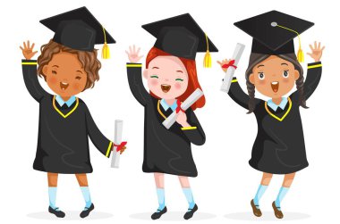 Küçük Kızlar Grubu 'ndan mezun olmak. Tam vücut. Mezuniyet Küçük Kız atlıyor. Havan topu takarak mezun olmuş bir çocuk. Diploma çocuk için biraz uluslararası mezun oluyor. Yüksek lisans konsept vektör illüstrasyonu