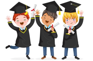 Mezuniyet grubu. Tam vücut. Mezuniyet çocukları zıplıyor. Havan topu takarak mezun olmuş bir çocuk. Diploma çocuk için biraz uluslararası mezun oluyor. Yüksek lisans konsept vektör illüstrasyonu.