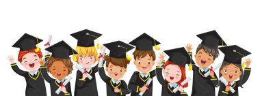 Mezun çocuklar grubu. Uluslararası Çocuk Karakterleri portresi. Mezuniyet çocukları ve küçük kızlar atlıyor. Havan topu takarak mezun olmuş bir çocuk. Çocuk için diploma çok az..