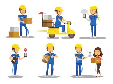 Teslimatçı kutuları ve belgeleri farklı teşkil etmektedir tutan mavi üniformalı.