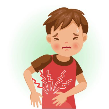 Apandisit. Çocuk hasta ve kötü hissediyor. Olumsuz jestler ve duygular gösteren karikatürler. Çocuk bir hasta. Çizgi film vektör illüstrasyonu.