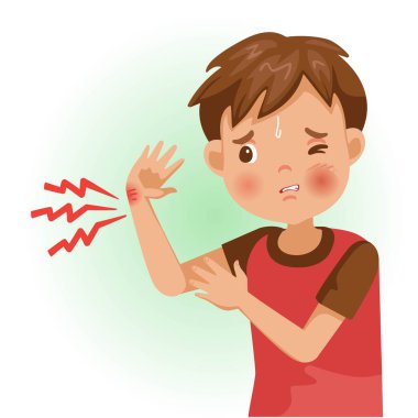 El ağrısı ya da ağrı. Çocuk hasta ve kötü hissediyor. Olumsuz jestler ve duygular gösteren karikatürler. Çocuk bir hasta. Çizgi film vektör illüstrasyonu.