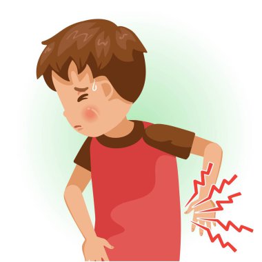 Düşük bel ağrısı ya da ağrı. Çocuk hasta ve kötü hissediyor. Olumsuz jestler ve duygular gösteren karikatürler. Çocuk bir hasta. Çizgi film vektör illüstrasyonu.