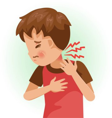 Boyun ağrısı ya da ağrı. Çocuk hasta ve kötü hissediyor. Olumsuz jestler ve duygular gösteren karikatürler. Çocuk bir hasta. Çizgi film vektör illüstrasyonu.