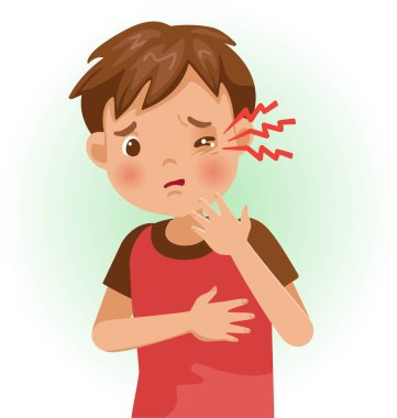 Yaralı Gözler. Çocuk hasta ve kötü hissediyor. Olumsuz jestler ve duygular gösteren karikatürler. Çocuk bir hasta. Çizgi film vektör illüstrasyonu.