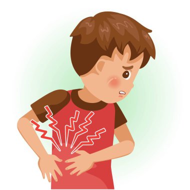 Sağ kaburgada ağrı ya da ağrı. Çocuk hasta ve kötü hissediyor. Olumsuz jestler ve duygular gösteren karikatürler. Çocuk bir hasta. Çizgi film vektör illüstrasyonu.