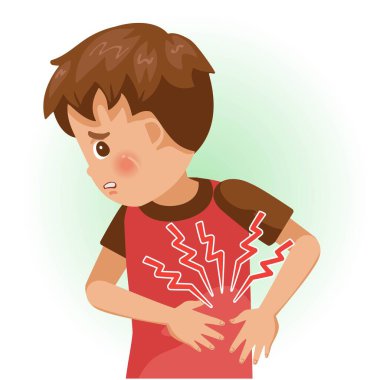 Sol kaburgada ağrı ya da ağrı. Çocuk hasta ve kötü hissediyor. Olumsuz jestler ve duygular gösteren karikatürler. Çocuk bir hasta. Çizgi film vektör illüstrasyonu.