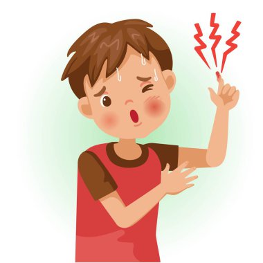 Parmak ağrısı ya da acı. Çocuk hasta ve kötü hissediyor. Olumsuz jestler ve duygular gösteren karikatürler. Çocuk bir hasta. Çizgi film vektör illüstrasyonu