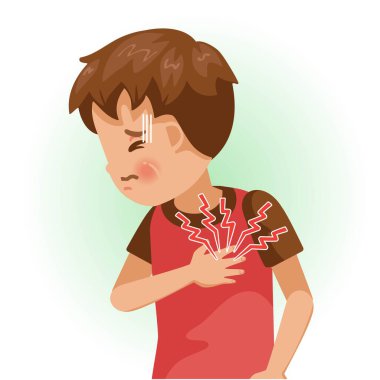 Sol göğsü ya da ağrısı var. Çocuk hasta ve kötü hissediyor. Olumsuz jestler ve duygular gösteren karikatürler. Çocuk bir hasta. Çizgi film vektör illüstrasyonu.