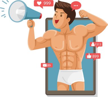 Hoparlörden bağıran kaslı adam. Protein takviyeleri ve vücut geliştirme ekipmanları için internet reklam kavramı.