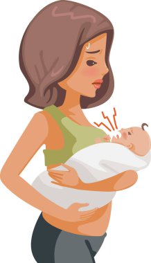 Ellerinde ağlayan yeni doğmuş bir bebek, ilk kez bir anne ve çocuk bakımı sıkıntısı. Beyaz arkaplanda izole edilmiş vektör illüstrasyonu.