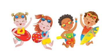 Çocuklar atlıyor. Çocuklarla bir dizi yaz sahnesi. Denizde tatil. Kız şişme lastik çemberle yüzüyor. Sörf, Voleybol, Oyuncak. Çocuklar yazın plaja atlarlar. Komik çizgi film karakteri. 