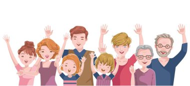 Avrupalı mutlu aile. Baba, anne, oğul, kız kardeş, kız kardeş, büyükbaba ve büyükanne. Açık tenli beyaz Kafkas grubu.
