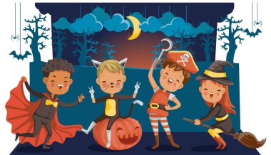 Cadılar Bayramı komik. Cadılar Bayramı 'nda kostümlü ve makyajlı mutlu çocuklar. Çizgi film vektör çizimi izole edilmiş beyaz arkaplan