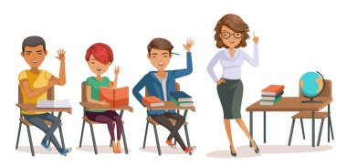 Öğretmenleri olan öğrenciler ders çalışıyor. Çok ırklı bir grup el kaldırdı. İnsanlar sınıfta bir sandalyeye otururlar. Çizgi film resimli vektörü beyaz arkaplanda izole edildi.