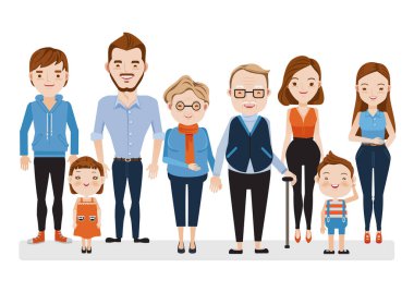 Beyaz aile karakterleri ayarlandı. Beyaz arka planda izole edilmiş. Vektör illüstrasyonu.