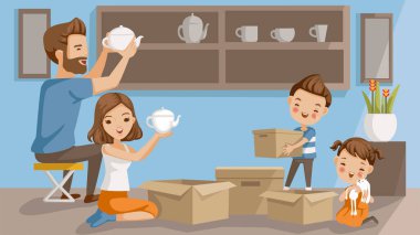 Ev ailesini taşıyorum. Seramik düzenlenmiş adamlar. Kadın çaydanlık kutusunu açıyor. Kutu tutan bir çocuk. Bir bebeği kucaklayan bir kız. Oturma odasındaki rafları süslüyorlar. Mutlu bir aile evi kavramı.