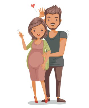 Hamile bir çift. Yakışıklı adam ve güzel hamile karısı ayaktayken sarılıp gülümsüyorlar. Evlilikteki mutlu anlar ve hamilelikteki umut. Vektör çizgi film çizimleri izole edildi. 