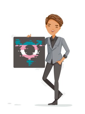 Transseksüel erkekler güzel ve yakışıklı. Siyah elbiseli ve saç stilli. İlginç bir moda. Üzerinde transseksüel sembolü olan bir kağıt parçasını gösteren ayakta duran resim. Yaşam tarzı transseksüel konsepti.