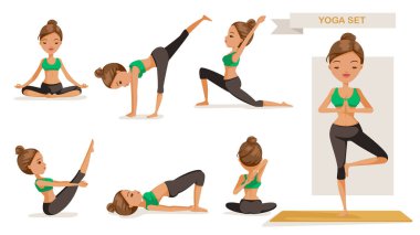 Yoga kadın seti. Yoga egzersizi. Ön, yan, arka, güzel çizgi filmin yogası. Forma giymiş güzel bir kız. Sağlıklı yaşam tarzı kavramı, beyaz arkaplanda izole edilmiş vektör çizimleri