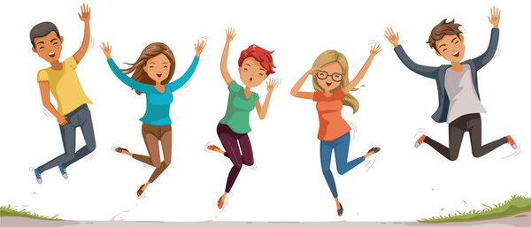 Jumping student. Teenagers jumping happiness together. freedom of feeling. motion, diversity and people. Commitment of the youth of society concept. Vector illustrations isolated on white background
