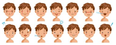 Çocuk yüz duyguları seti. Çocuk farklı ifadelerle karşılaşıyor. İzole vektör çizimleri.