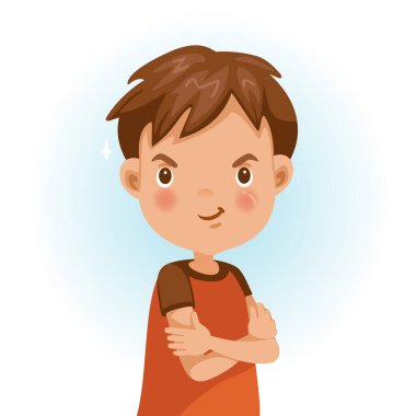 Kollarını kavuşturmuş poz veren küçük kız portresi. Kollarını kavuşturmuş çocuk, kendine güvenerek gülümse. Kırmızı elbise giyiyor, beyaz arka planda izole edilmiş..