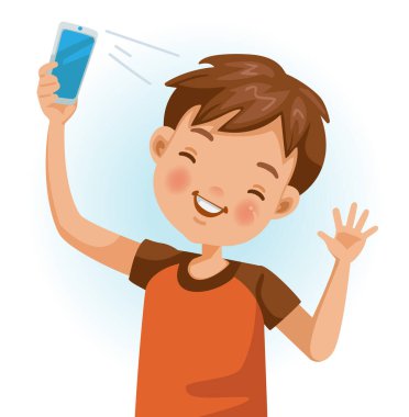 Küçük çocuk selfie cep telefonu kullanıyor. Kameraya olumsuz duygularla gülümse. Çizgi film karakteri çizimi beyaz arkaplanda izole edildi. 