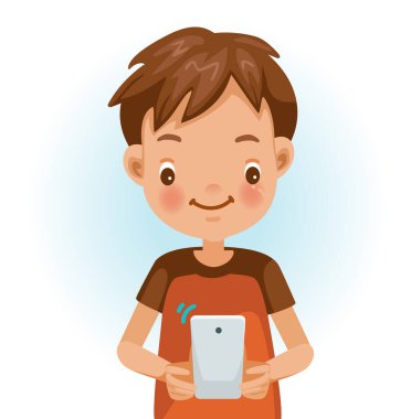 Küçük çocuk cep telefonu kullanıyor. Çizgi film karakteri çizimi beyaz arkaplanda izole edildi.