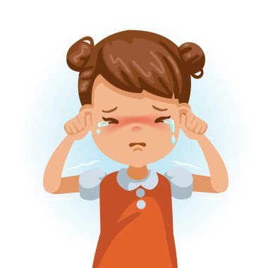 Küçük kız ağlıyor. Üzücü pişmanlıkla çocukların ruh hali. Çocuk yüzü üzgün. Gözyaşları ve titreyen omuzlar. Beyaz arkaplanda izole edilmiş vektör çizimleri.