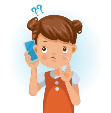 Küçük kız telefonu dinle. Dikkatlice dinleyip merak ediyorum. Çizgi film karakteri çizimi beyaz arkaplanda izole edildi.