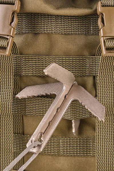 Stock image hook cat on tactical military green olive backpack with molle system