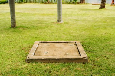 çimenlikteki beton boru kapağı. çimenlik foseptik tankı beton rögar kapağı. Bahçedeki drenaj sisteminde yeşil otlar var..