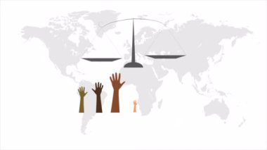 Sosyal adalet günü ölçeği ve elleri, sanat videosu illüstrasyonu.