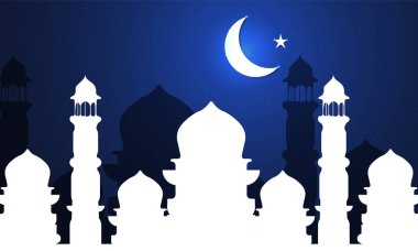 Ayın altındaki İslami kutsal gece mimarisi, vektör sanat çizimi.