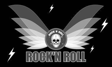Rock n roll ikon kanatları kafatası, vektör sanat çizimi.
