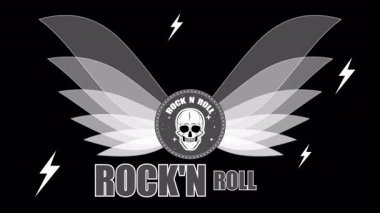 Rock n roll ikon kanatları kafatası, sanat videosu illüstrasyonu.