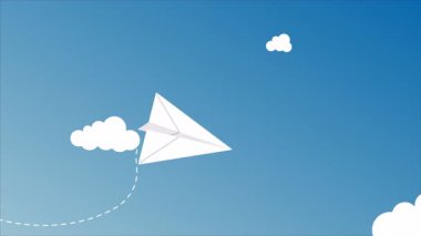 Bulutların üzerinde uçan kağıt uçak, sanat videosu illüstrasyonu.