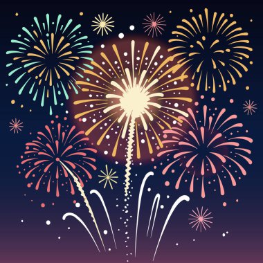 Havai fişekler arka planda gece gökyüzü, vektör sanat çizimi.