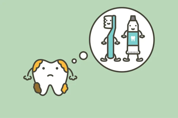 牙刷和牙膏的牙菌斑肮脏的牙齿 设计用卡通矢量平面造型的可爱人物 — 图库矢量图片