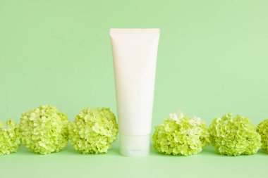 Beyaz sıkılmış şişe kozmetik tüp ve yeşil arka planda yeşil viburnum çiçekleri. Model, boş tüp. Vücut nemlendirici krem, duş jeli, cilt bakımı, güneş kremi, nemlendirici. Ön görünüm, şablon.