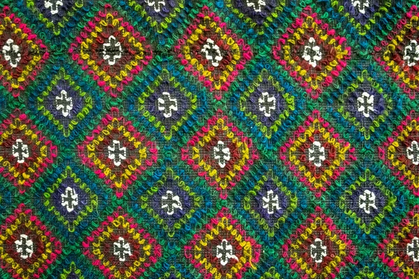 Handmade Multicolor Carpet Rhombus Ornament Braided Mat Closeup Texture Background — Stock Photo, Image