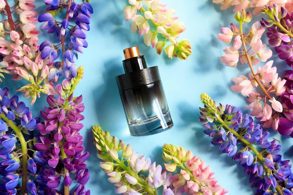 Unbranded black round perfume spray bottle and multicolored lupine flowers on blue background. Front top view, summer flat lay, mockup, template. Eau de toilette.