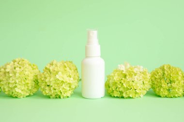 Beyaz kozmetik sprey şişesi ve yeşil arka planda yeşil viburum çiçekleri. Ön görüş, model, şablon. Doğal organik kaplıca ve sıvı antibakteriyel sprey konsepti.