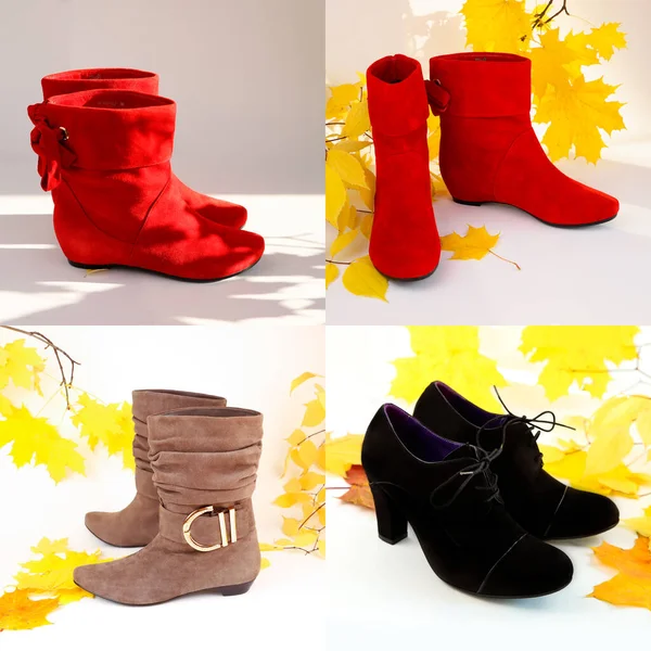 Three types of suede short ankle boots - red, black, beige. Black stiletto high heels shoes boots, red suede leather short angle boots, Beige brown suede short wide ankle buckle boots without heels.