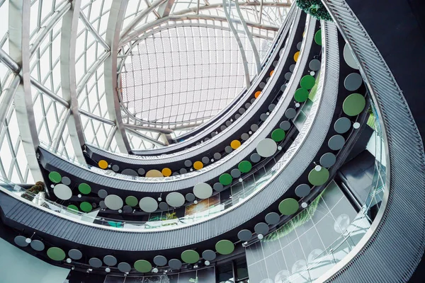 stock image Astana, Kazakhstan - 10.22.2022: Glass cupola of Nur-Alem sphere in EXPO 2017 Exhibition Area. Futuristic Interior. Glass roof with solar panels and levels floors of round Sphere modern building.