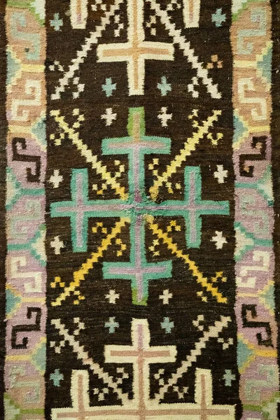 Handmade Beige Black Carpet Geometric Ornament Braided Mat Knitted Bath — Stock Photo, Image
